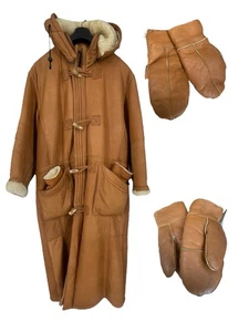Tan Sheepskin Shearling Full Length Toggle Duffel Hooded Coat Mittens Drawstring - Picture 1 of 22
