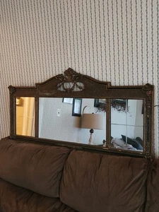 Antique 3 Panel Beveled Glass Buffet Mirror Ornate Wood Frame 52x25” - Picture 1 of 12