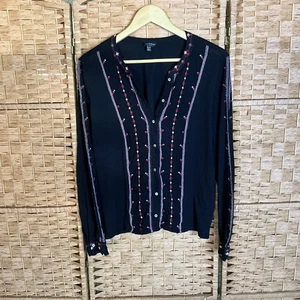 Lucky Brand bestickt schwarz Langarm V-Ausschnitt Knopfleiste Boho Bluse Top - Bild 1 von 6