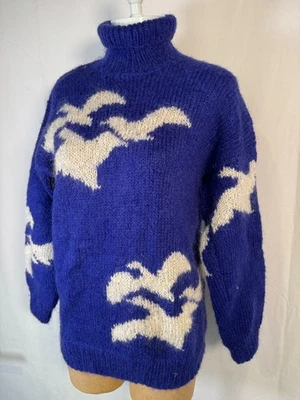 Suéter Mohair Puro Difuso Suave De Colección Azul Blanco Pájaros Tejido a Mano en Canadá Talla M Foto 1 de 4