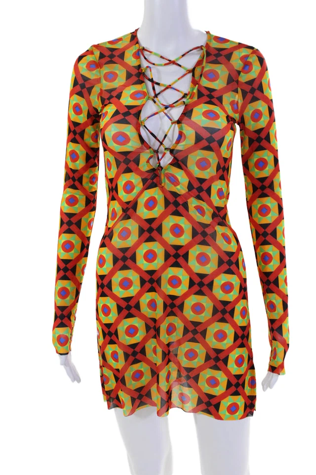Weworewhat Womens Sheer Laced Neck Geometric Print Mini Dress Multicolor Size S - Image 1 of 4
