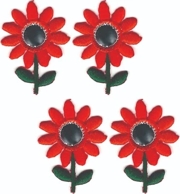 Red Daisy Flower Patch Iron On Embroidered DIY Craft Sewing Decoration Set of 4 - Image 1 of 2