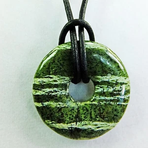 Green & White Zebra Jasper 1 1/4" Polished Stone Donut Leather Cord Necklace #1 - Picture 1 of 3