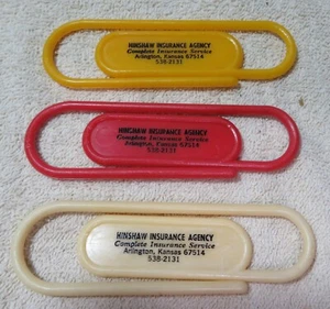 Vintage Advertising Plastic Paper Clip HINSHAW INSURANCE AGENCY Arlington, KS. - Picture 1 of 3