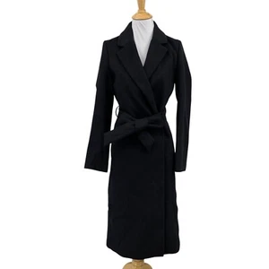 H&M Coat Womens Extra Small Black Belted Long Stamped Slit Lined Trench Coatigan - Picture 1 of 14