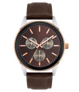 Lässige braune Herrenuhr Roségold Legierung Gehäuse PU Armband Tag Datum Militärzeit für Herren - Bild 1 von 6