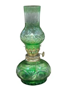 Vintage Bohemian Glass Cut to Clear Green Miniature 7.25" Oil Lamp - Picture 1 of 5