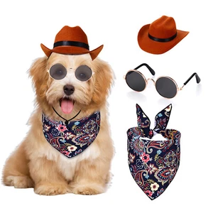 3x Pet Outfit Dress Accessories Dog Cowboy Costume Hat Sunglasses Bandanas Set - Picture 1 of 8