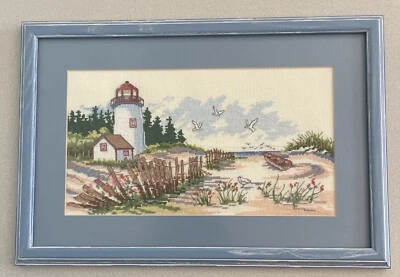 Lighthouse Cross Stitch Embroidery Complete Framed Seashore Solitude Beach Art - Image 1 of 4