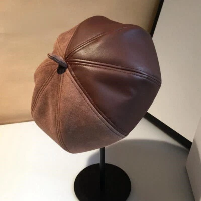 Chapéu feminino boina costura pele de carneiro couro veludo outono inverno vintage - Imagem 1 de 4