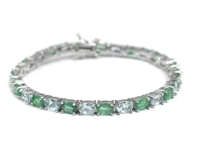 Pulseira de tênis de prata esterlina 925 natural esmeralda da Zâmbia e água-marinha - Imagem 1 de 4
