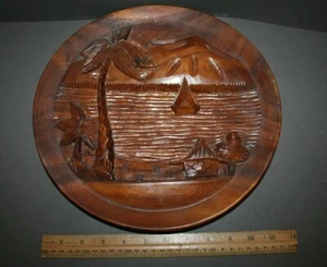 VINTAGE GESCHNITZTE MONKEYPOD HAWAII PALME/STRAND SOUVENIR DEKORATIVE WANDRELIEF TIKI BAR - Bild 1 von 4