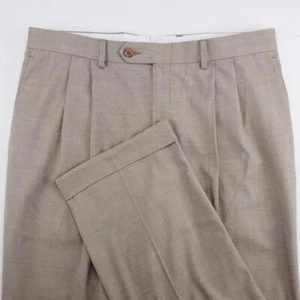 RALPH LAUREN Polyester Rayon Pleated Cuffed Dress Pants Taupe Plaid Mens 34x30 - Picture 1 of 12