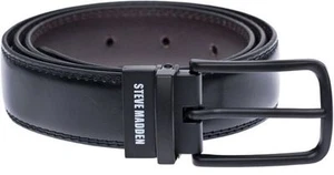$119 Steve Madden Mens Black Brown Faux Leather Reversible Silver Buckle Belt 34 - Picture 1 of 7
