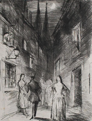 Hans Meid Impressionismus Straßenszene Nacht Menschen Gespräch Radierung 20 Jhd - Bild 1 von 4