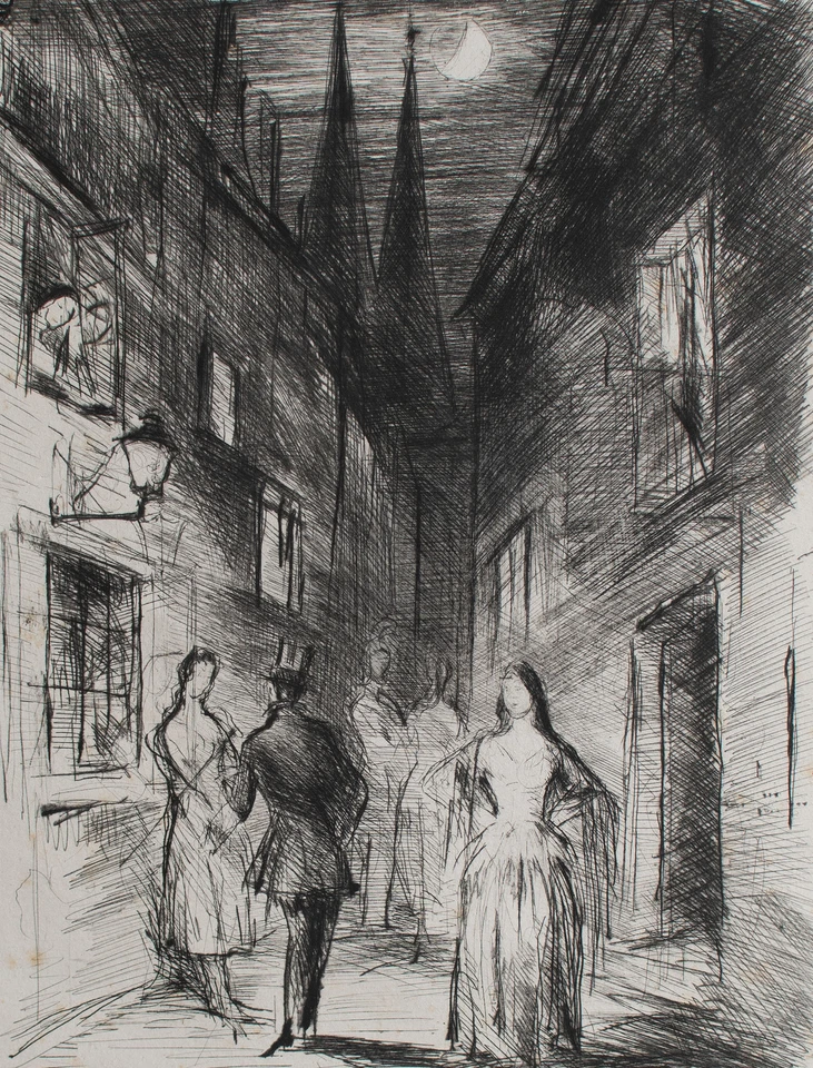 Hans Meid Impressionismus Straßenszene Nacht Menschen Gespräch Radierung 20 Jhd - Bild 1 von 4