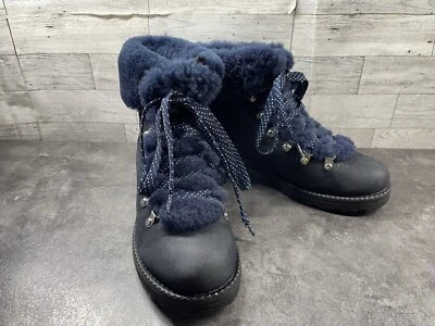 J. Crew Boots 女式 8M 北欧远足踝靴蓝色皮革毛皮衬里摩托 — 第 1/4 张图片