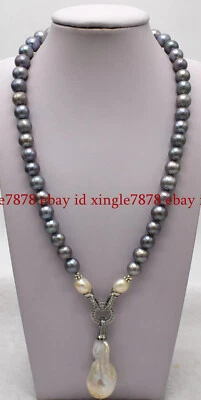 8-9mm Gray Freshwater Pearl & White Baroque Pearl Pendant Necklace 16-28" - Image 1 of 4