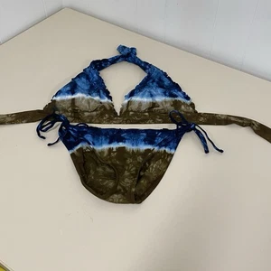 Lucky Brand Bikini Women's Top D Cup Bottom S Blue Brown Tie Dye 2 Piece Ruffled - Picture 1 of 5
