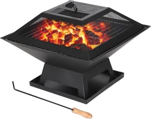 22" kleine Outdoor Holz Feuerstelle Quadrat Lagerfeuerschale mit Abdeckung Schwarz - Bild 1 von 5