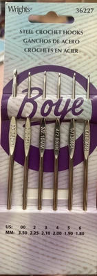 BOYE STEEL CROCHET HOOKS SET US Size 00-2-3-4-5-6  # 36227 BY WRIGHTS - Image 1 of 4