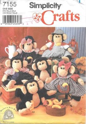 Uncut Simplicity Crafts Sewing Pattern 7155 Stuffed Monkeys and Clothes One Size - Image 1 of 2