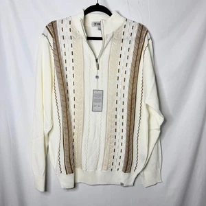 NEaw with tags Men's Stacy Adams Cream & Brown Quarter Zip Up Sweater L - Picture 1 of 6