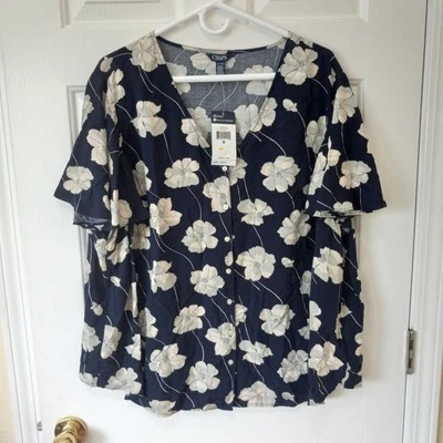 ¡NUEVO CON ETIQUETAS! CHAPS Mujeres Cuello en V Floral Viscosa Informal Carrera Resort Verano Botón Top2X Foto 1 de 4