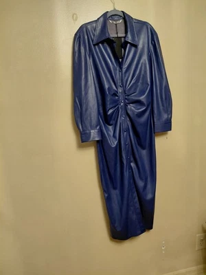 ZARA Blue Leather Faux Midi  Ruching At Waistline, Grommet Snap Close XL NWTags - Image 1 of 4