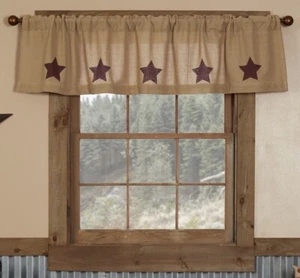 72" W rustikaler Fenster Volant mit burgunderroter Schablone Sterne natürliche Baumwolle Sackleinen - Bild 1 von 8