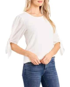 CeCe Tie Sleeve Top Women's XS White Solid Round Neck Elbow Sleeve Button Back - Picture 1 of 16