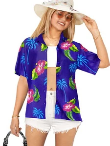 LA LEELA Button Down Shirt for Women Summer Beach L Hibiscus Palm, Royal Blue - Picture 1 of 3