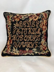 Tapestry Two-Sided Throw Pillow Cower Alphabet Floral Border Black Burgundy - Picture 1 of 5