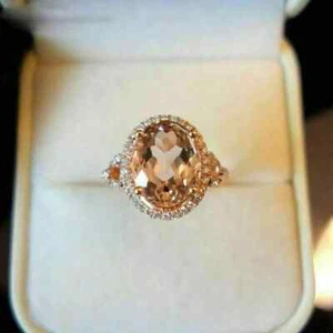 3Ct Round Cut Lab Created Morganite Halo Engagement Ring in 14K Rose Gold Plated - Picture 1 of 8