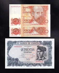 F.C. 500 PESETAS 1971 Y PAREJA CORRELATIVA 200 PESETAS 1980 . - Picture 1 of 2