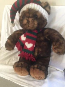 CHRISTMAS 2001 BROWN PLUSH TEDDY BEAR STUFFED ANIMAL  w/ RED/GREEN SCARF/HAT - Picture 1 of 8