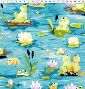PAUL'S POND Ranas Turquesa Edredón Tela Susybee ~ a la venta por 1/2 Yarda - Imagen 1 de 1