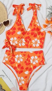 Tropical Bikini Size 2XL Orange Floral Tie Knot High Waist Bottom Surplice Top D - Picture 1 of 12