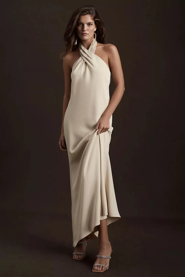 BHLDN Dress Womens 0 Ruby Twist Halter Satin Gown Champagne Elegant Bridesmaids - Image 1 of 4