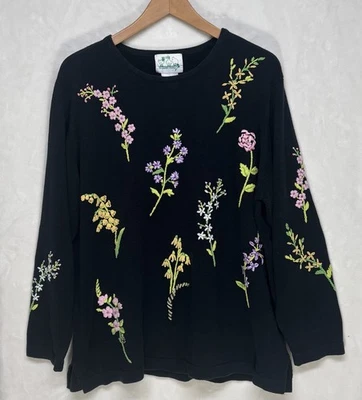 Womens Plus Size 1X Floral Embroidered Sweater Cottagecore Folk Whimsy Nature - Image 1 of 4