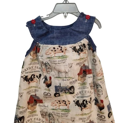 Vestido estampado animal de granja hecho a mano para niñas Top vaquero rojo con botones talla 3 Foto 1 de 4
