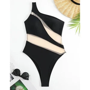 Costume da bagno donna patchwork a rete trasparente sexy monospalla skinny pezzo unico - Foto 1 di 12