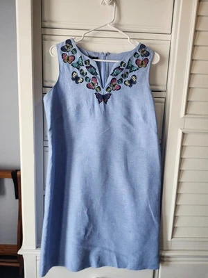 Vestido recto azul Talbots bordado mariposa lino talla 6 Foto 1 de 4