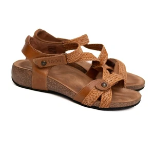 Taos Trulie Sandals 9 Camel Brown Leather Strappy Slingback Wedge Cork Footbed - Picture 1 of 9