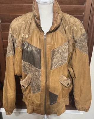 Vintage Winlit Leather Jacket Suede womens L Patchwork Paisley Suede Bomber 90s - Image 1 of 4