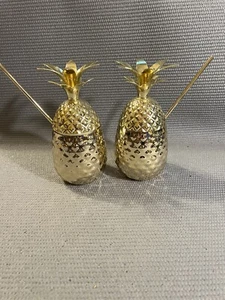 Pair of Brass and Stainless Tropical Pineapple Tumblers with Straws - Picture 1 of 4