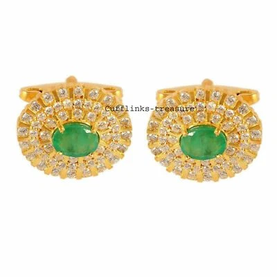 Gemelos para hombre esmeralda natural y piedras preciosas de circonita cúbica enchapados en oro 925  Foto 1 de 3