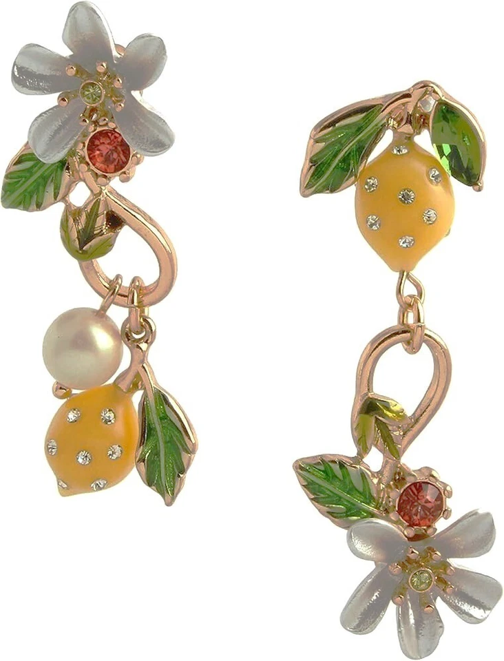 Betsey Johnson Forbidden Fruit Lemon & Flower Mismatch Drop Earrings