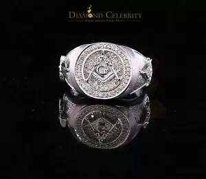 925 White Silver Masonic 0.50 CT Real Diamond Men's Engagement Big Ring Size 12 - Picture 1 of 11
