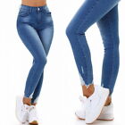 Damen High-Waist Skinny Jeans Stretch Bein-Risse Fransen Destroyed Blau sexy